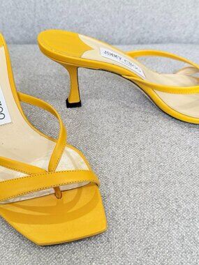 Jimmy Choo Maelie 70 Yellow Sun Leather Strap Thong Kitten Sandals